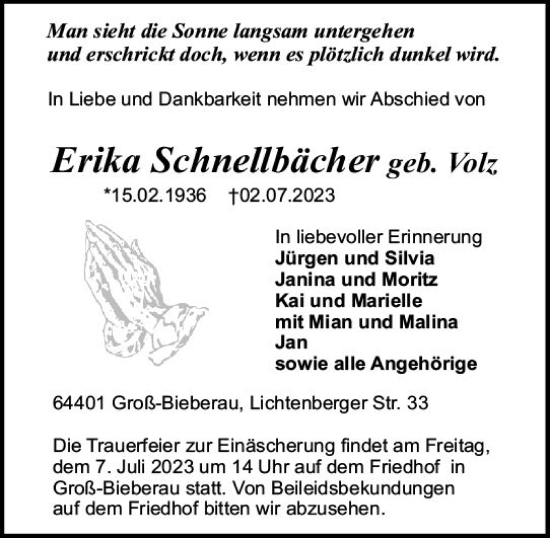 Traueranzeige von Erika Schnellbächer von Darmstädter Echo