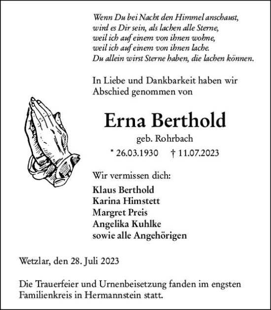 Traueranzeige von Erna Berthold von Wetzlarer Neue Zeitung