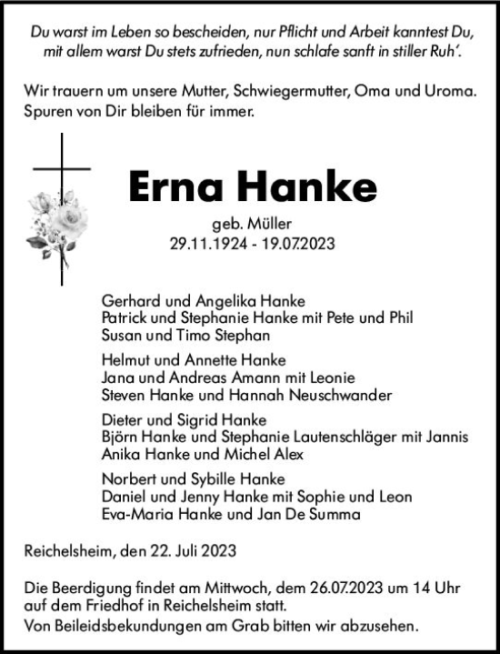 Traueranzeige von Erna Hanke von Odenwälder Echo