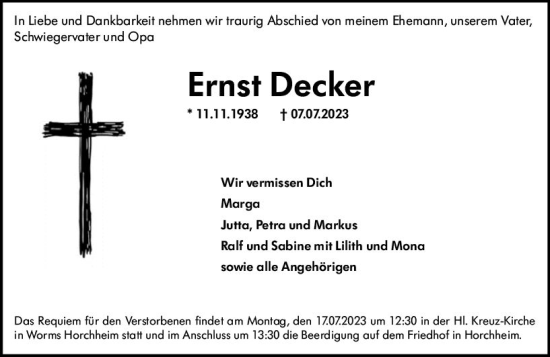 Traueranzeige von Ernst Decker von Wormser Zeitung