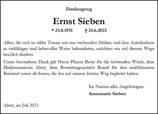 Traueranzeige von Ernst Sieben von Allgemeine Zeitung Alzey