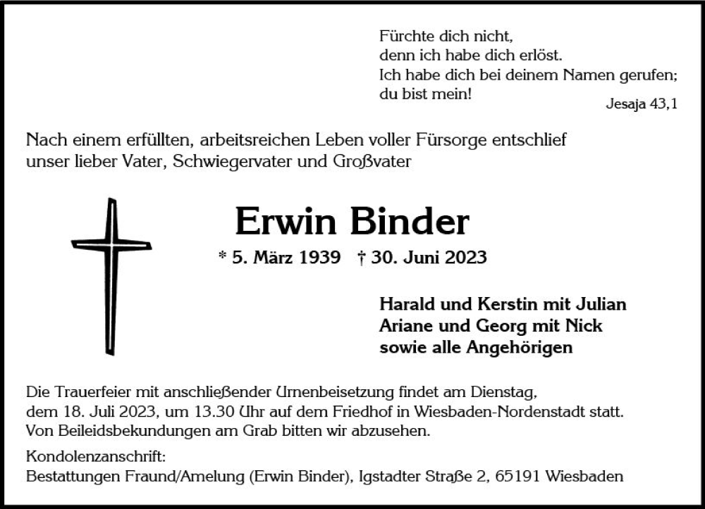  Traueranzeige für Erwin Binder vom 08.07.2023 aus Wiesbadener Kurier