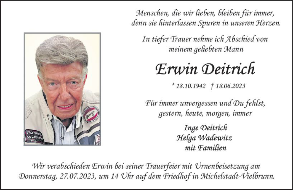  Traueranzeige für Erwin Deitrich vom 15.07.2023 aus Odenwälder Echo
