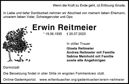 Traueranzeige von Erwin Reitmeier von Darmstädter Echo