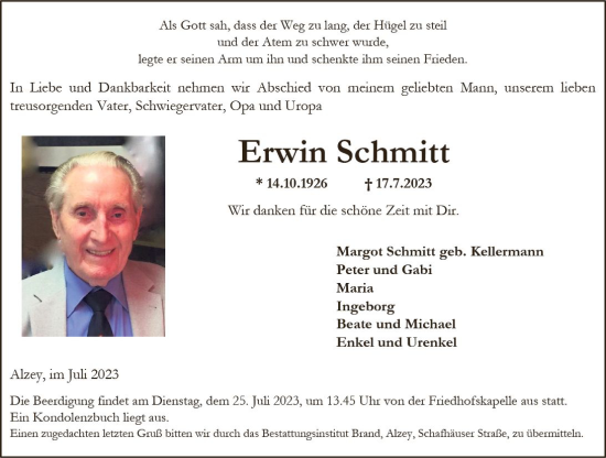 Traueranzeige von Erwin Schmitt von Allgemeine Zeitung Alzey