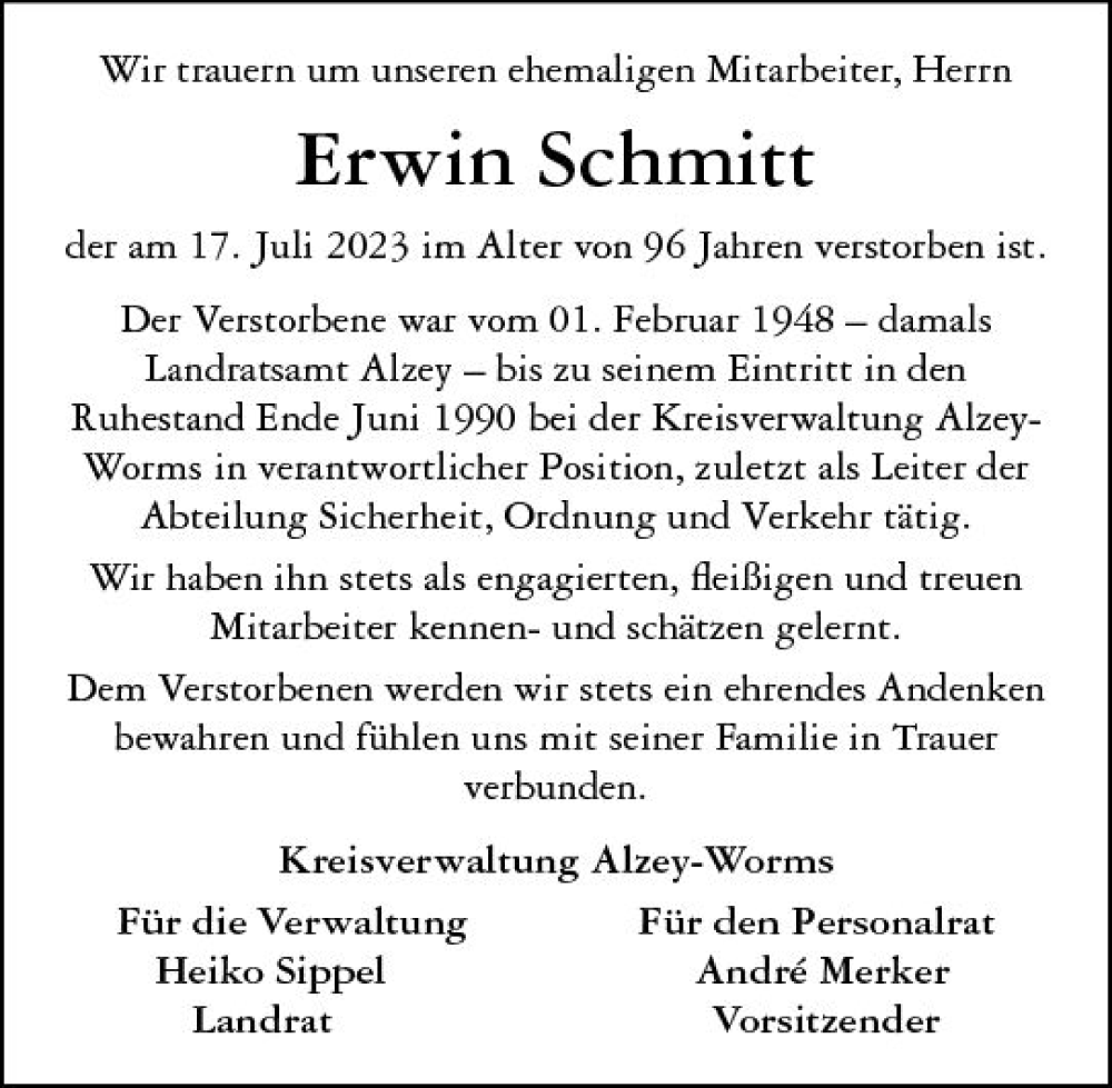  Traueranzeige für Erwin Schmitt vom 24.07.2023 aus Allgemeine Zeitung Alzey