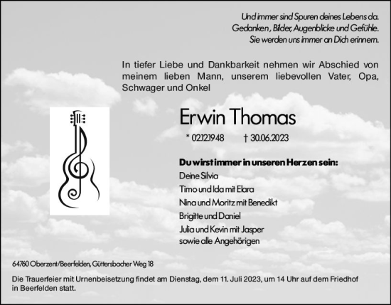 Traueranzeige von Erwin Thomas von Odenwälder Echo