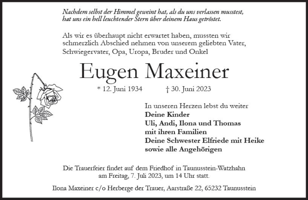  Traueranzeige für Eugen Maxeiner vom 04.07.2023 aus Wiesbadener Kurier