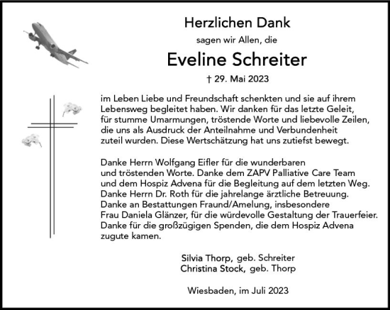 Traueranzeige von Eveline Schreiter von Wiesbadener Kurier