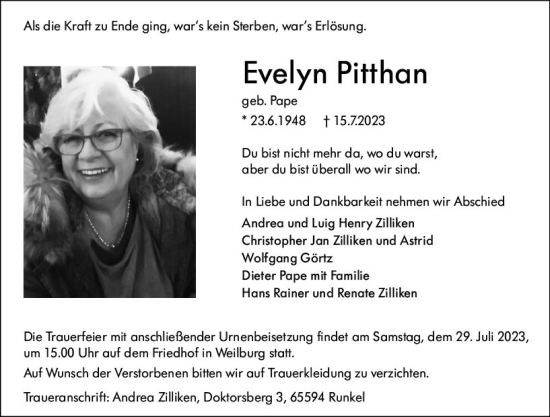 Traueranzeige von Evelyn Pitthan von Weilburger Tageblatt