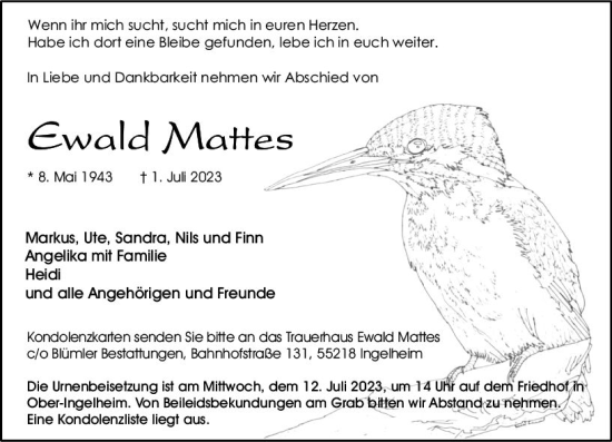 Traueranzeige von Ewald Mattes von Allgemeine Zeitung Bingen/Ingelheim