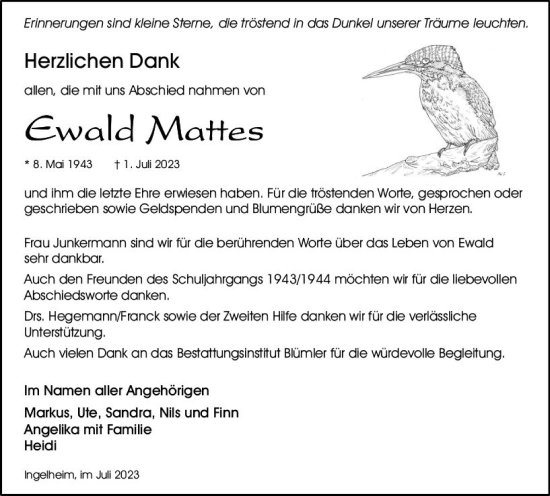 Traueranzeige von Ewald Mattes von Allgemeine Zeitung Bingen/Ingelheim