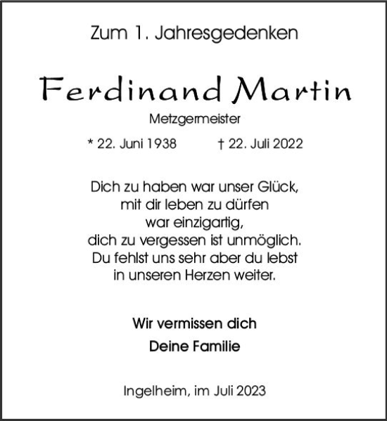 Traueranzeige von Ferdinand Martin von Allgemeine Zeitung Bingen/Ingelheim