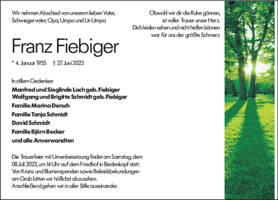 Traueranzeige von Franz Fiebiger von Hinterländer Anzeiger