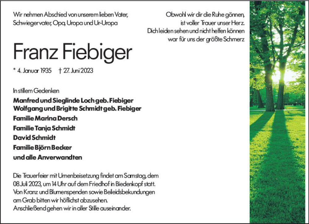  Traueranzeige für Franz Fiebiger vom 05.07.2023 aus Hinterländer Anzeiger