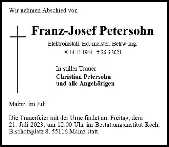 Traueranzeige von Franz-Josef Petersohn von Allgemeine Zeitung Mainz