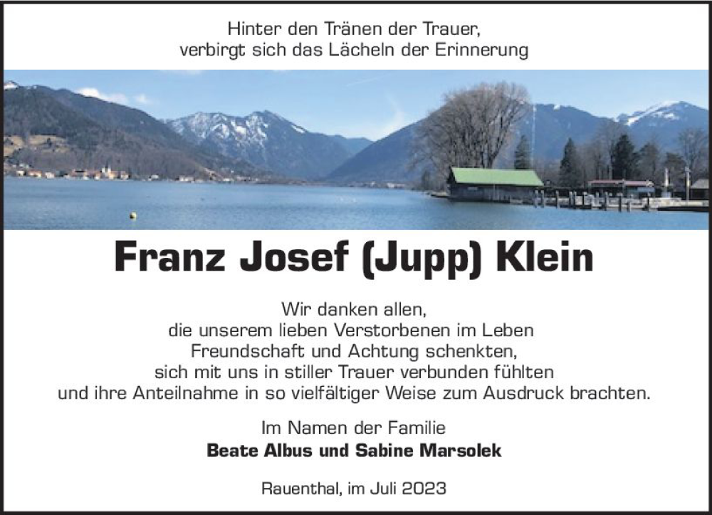  Traueranzeige für Franz Josef Klein vom 15.07.2023 aus Wiesbadener Kurier