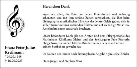 Traueranzeige von Franz Peter Julius Kreßmann von Allgemeine Zeitung Bingen/Ingelheim