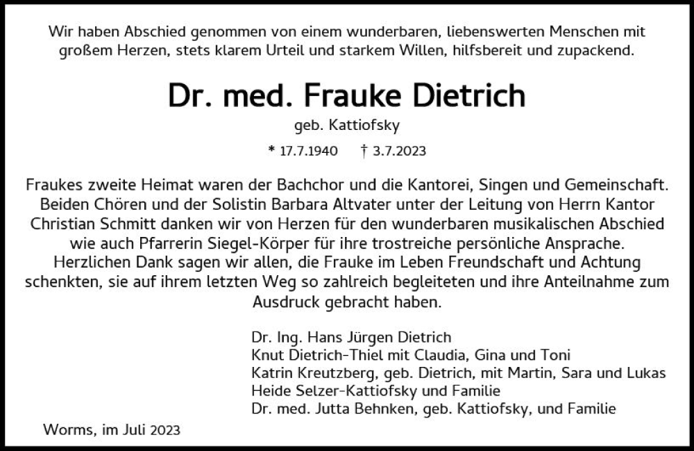 Traueranzeige für Frauke Dietrich vom 22.07.2023 aus Wormser Zeitung