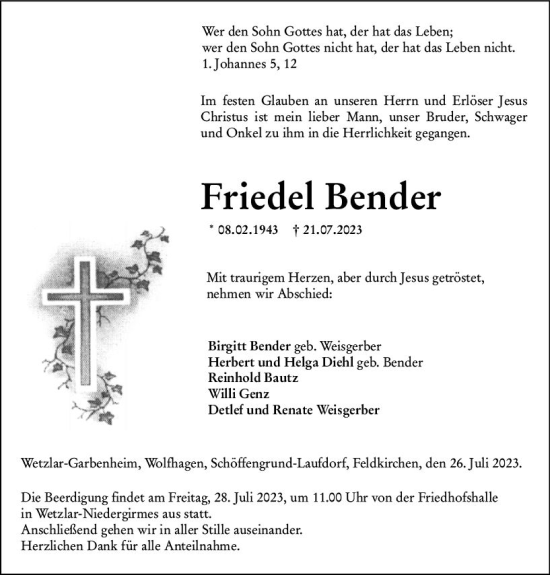 Traueranzeige von Friedel Bender von Wetzlarer Neue Zeitung