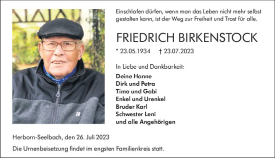 Traueranzeige von Friedrich Birkenstock von Dill Block
