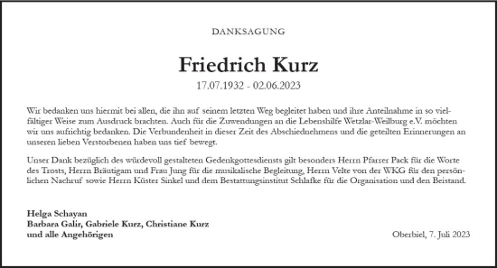 Traueranzeige von Friedrich Kurz von Wetzlarer Neue Zeitung