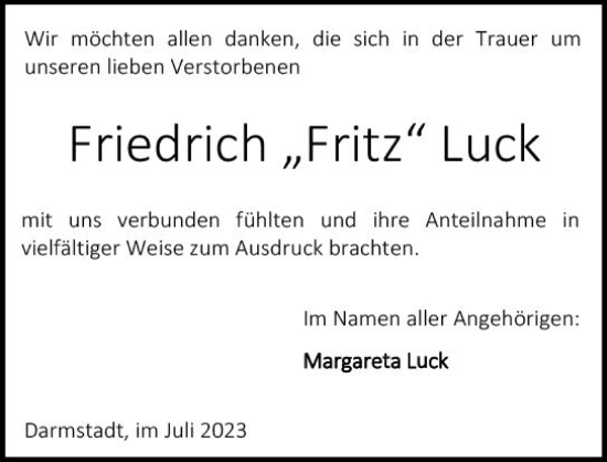 Traueranzeige von Friedrich Luck von Darmstädter Echo
