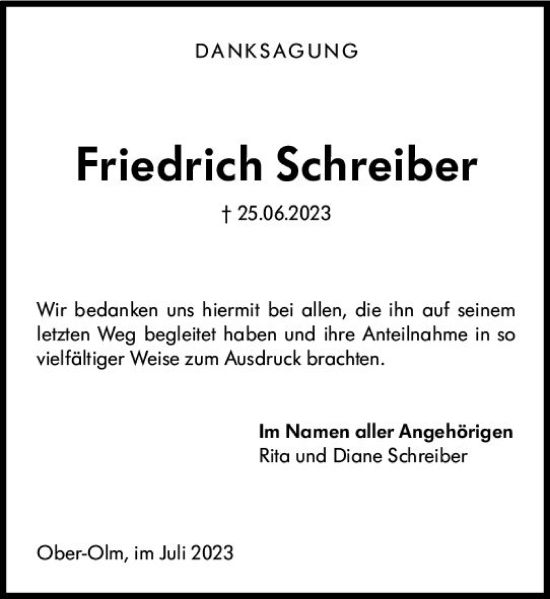 Traueranzeige von Friedrich Schreiber von Allgemeine Zeitung Mainz