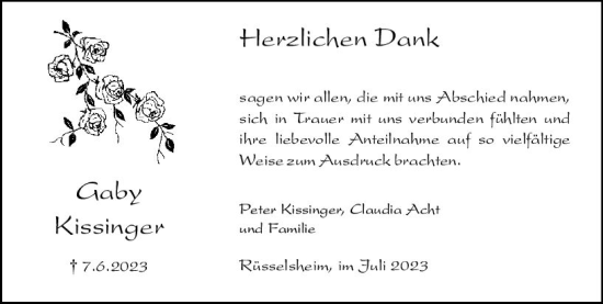 Traueranzeige von Gaby Kissinger von Rüsselsheimer Echo