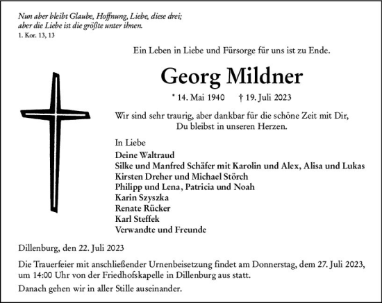 Traueranzeige von Georg Mildner von Dill Block