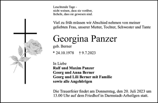 Traueranzeige von Georgina Panzer von Darmstädter Echo