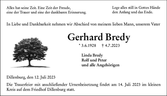 Traueranzeige von Gerhard Bredy von Dill Block