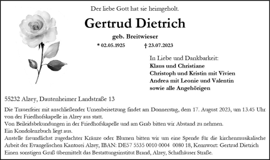 Traueranzeige von Gertrud Dietrich von Allgemeine Zeitung Alzey