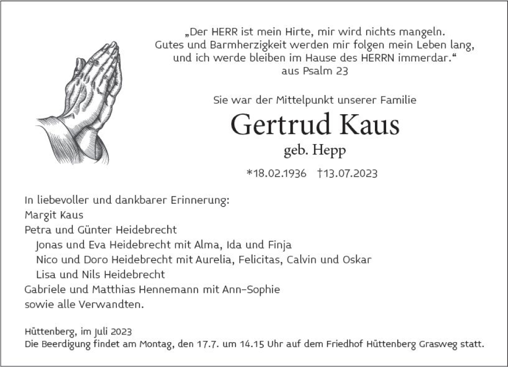  Traueranzeige für Gertrud Kaus vom 14.07.2023 aus Wetzlarer Neue Zeitung