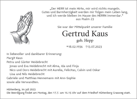 Traueranzeige von Gertrud Kaus von Wetzlarer Neue Zeitung