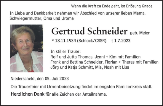 Traueranzeige von Gertrud Schneider von Dill Block