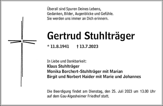 Traueranzeige von Gertrud Stuhlträger von Allgemeine Zeitung Bingen/Ingelheim