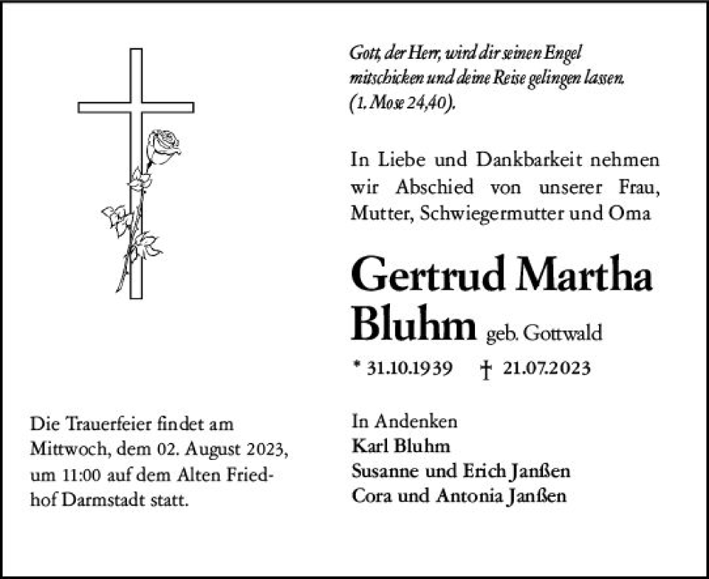  Traueranzeige für Gertrud Martha Bluhm vom 29.07.2023 aus Darmstädter Echo