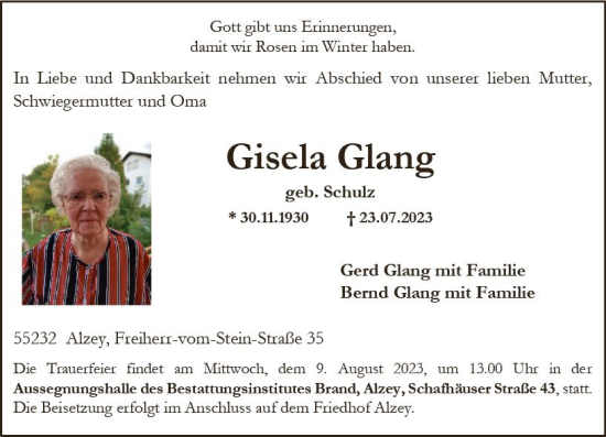 Traueranzeige von Gisela Glang von Allgemeine Zeitung Alzey