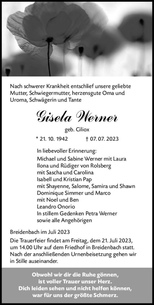 Traueranzeige von Gisela Werner von Hinterländer Anzeiger