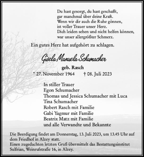 Traueranzeige von Gisela Manuela Schumacher von Allgemeine Zeitung Alzey