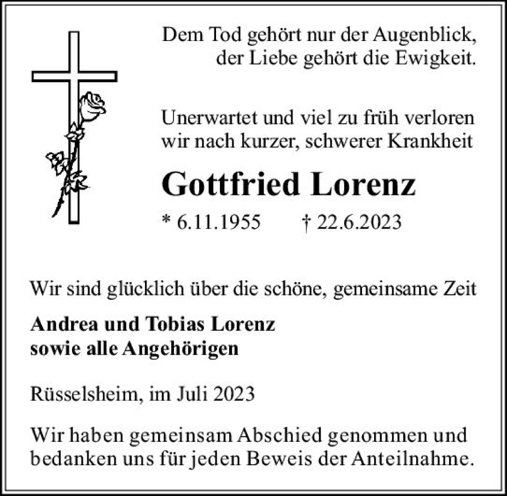  Traueranzeige für Gottfried Lorenz vom 22.07.2023 aus Rüsselsheimer Echo