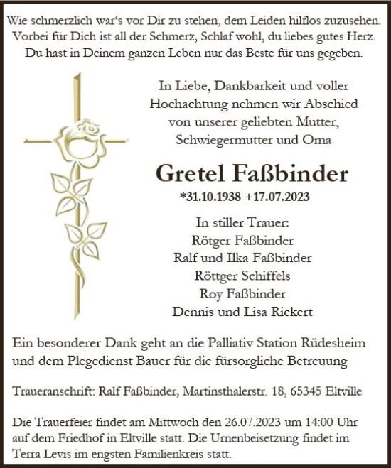 Traueranzeige von Gretel Faßbinder von Rheingau Kurier