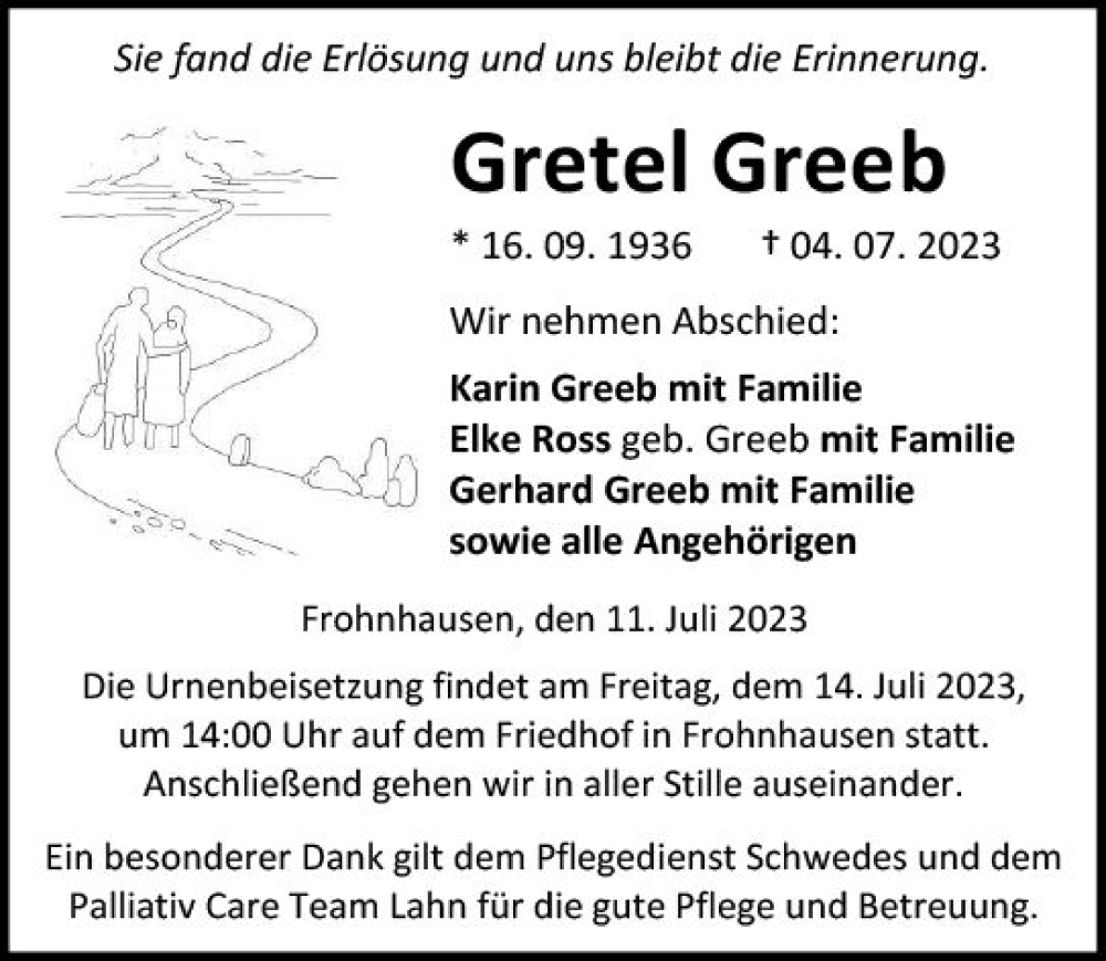  Traueranzeige für Gretel Greeb vom 11.07.2023 aus Dill Block