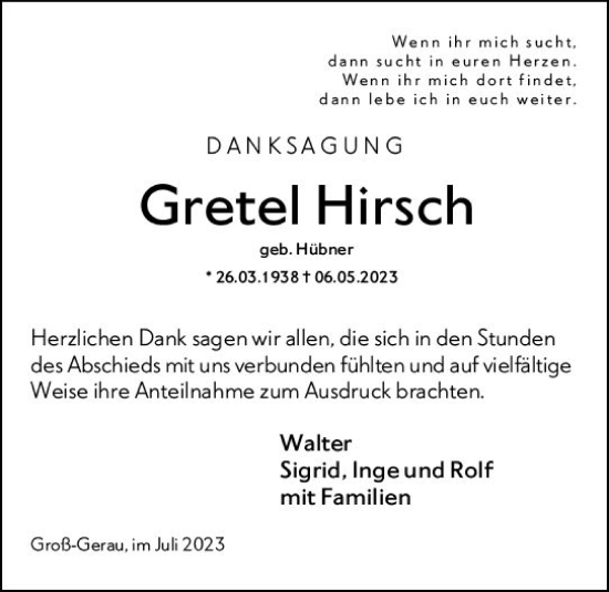 Traueranzeige von Gretel Hirsch von Groß-Gerauer Echo