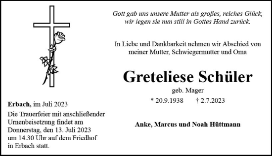 Traueranzeige von Greteliese Schüler von Camberger Anzeiger