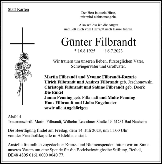 Traueranzeige von Günter Filbrandt von VRM Trauer