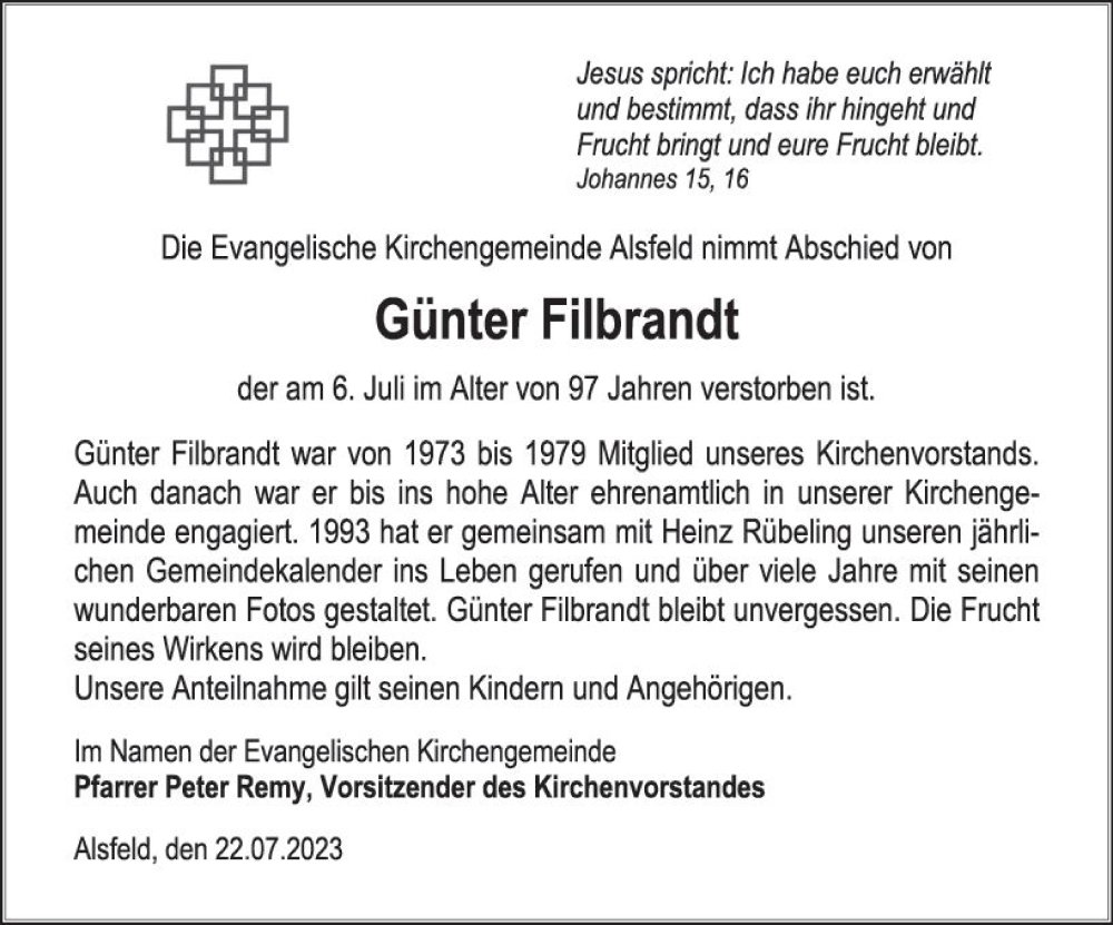  Traueranzeige für Günter Filbrandt vom 22.07.2023 aus VRM Trauer