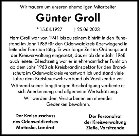 Traueranzeige von Günter Groll von Odenwälder Echo