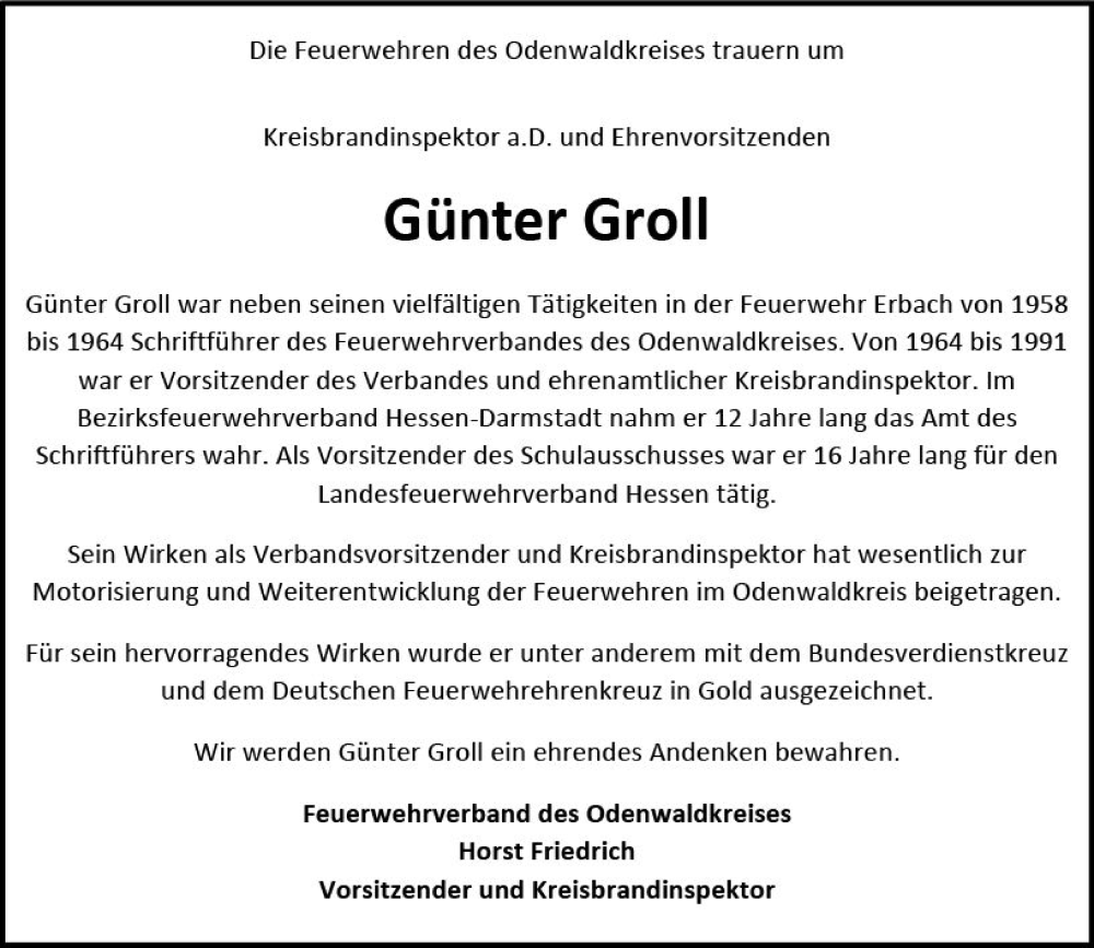  Traueranzeige für Günter Groll vom 08.07.2023 aus Odenwälder Echo